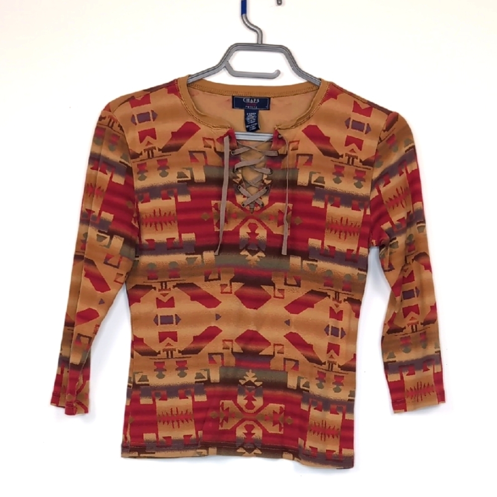 Vintage Chaps Women's Small Petite Tan Red Retro Pattern 3/4 Length Tee Shirt